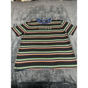 GUESS Stripe T-Shirt Short Sleeve Multi Striped Embroidery Logo 90s Y2K sz M‎